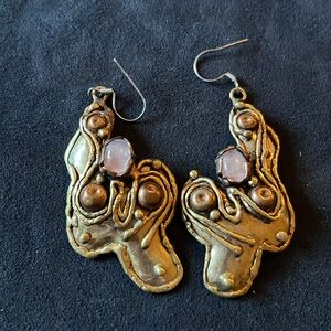 Vintage Silver & Brass Brutalist cabochon dangle handmade earrings